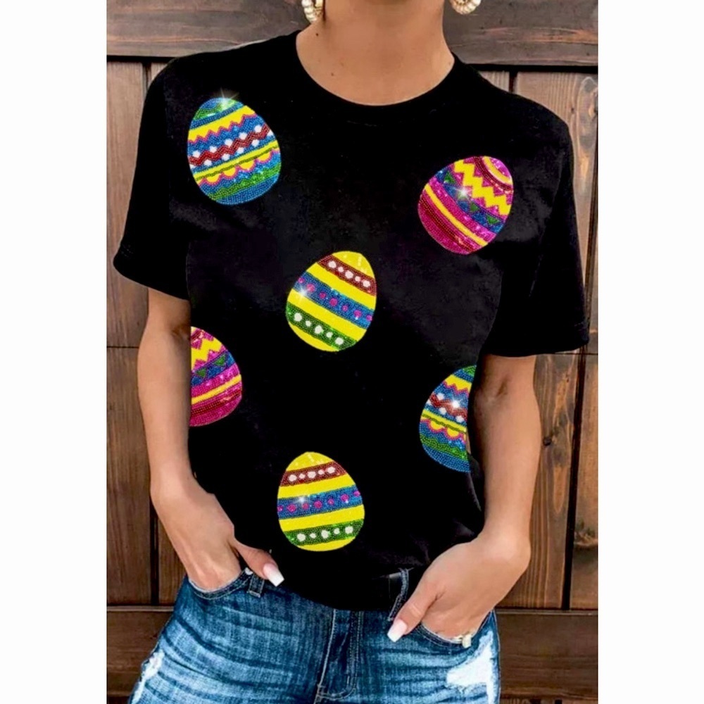 Easter Black T-Shirt Embellished with Colorful Sequin Easter Eggs
